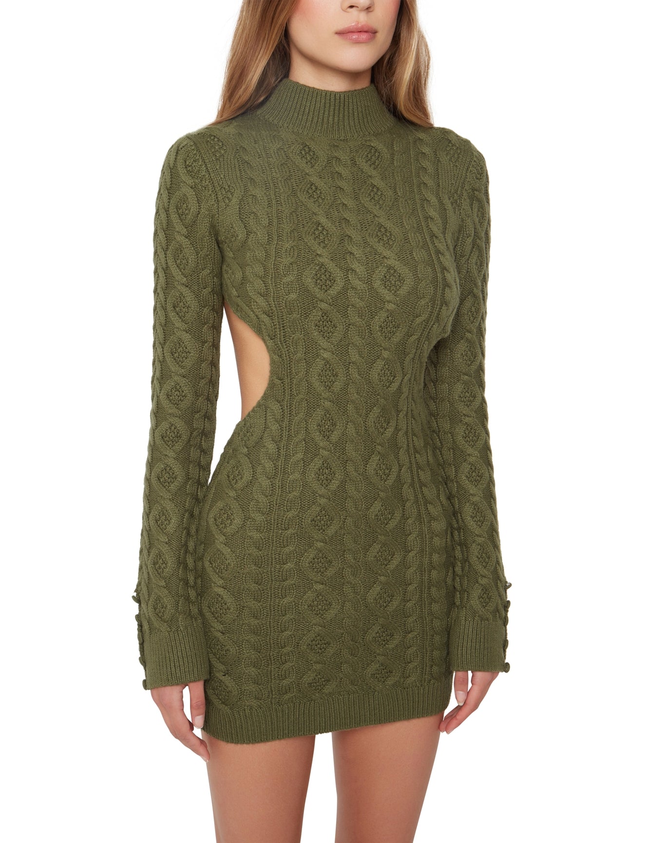 Cable Knit Backless Turtleneck Dress | Forest Green