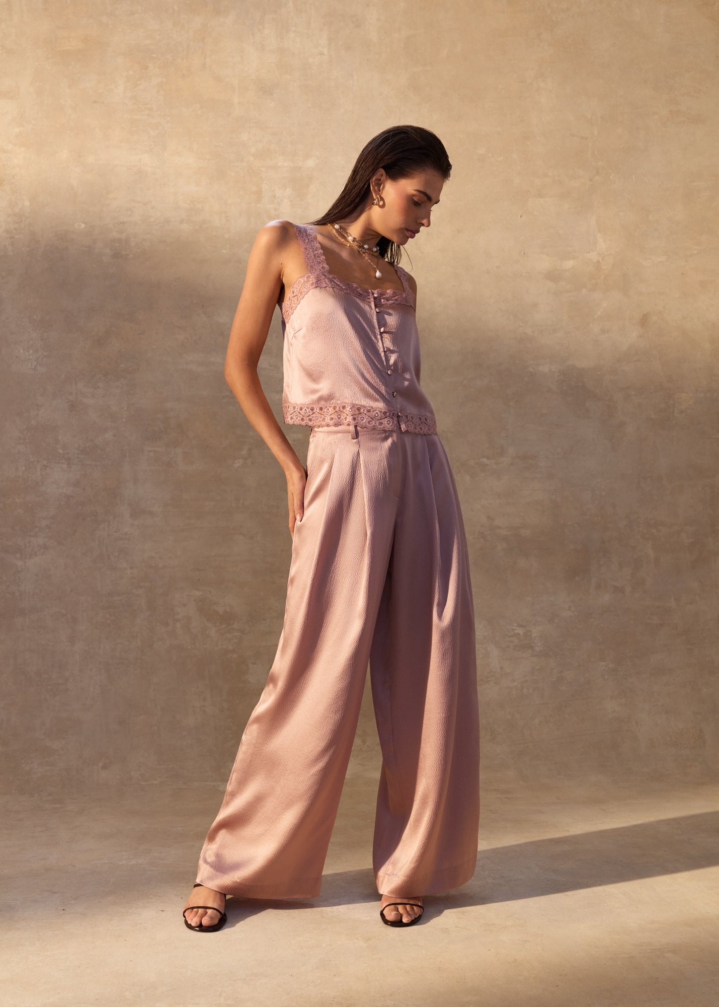 Fabian High Rise Hammered Silk Pant | Begonia