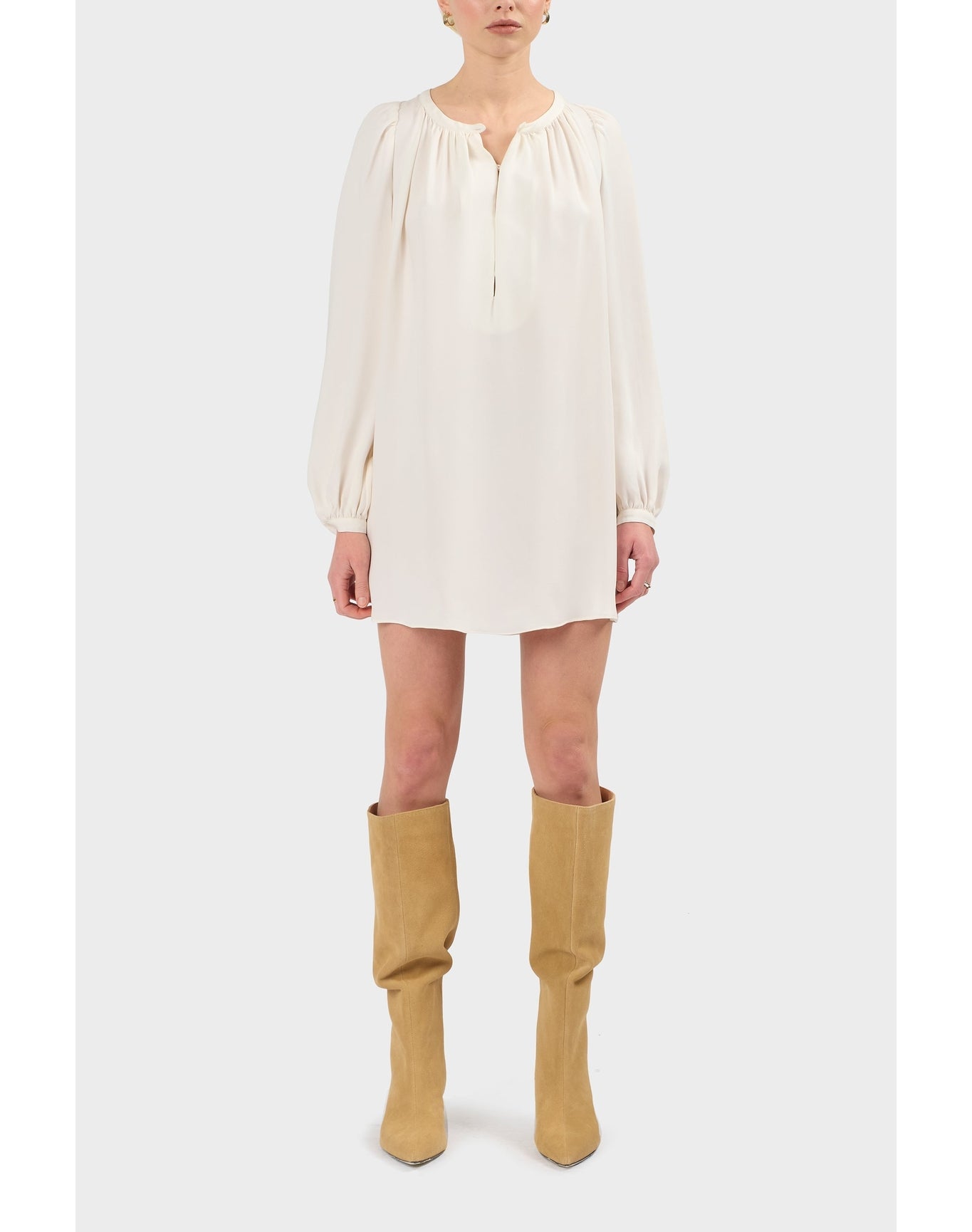Camille Silk Peasant Inspired Mini Dress | Brilliant White