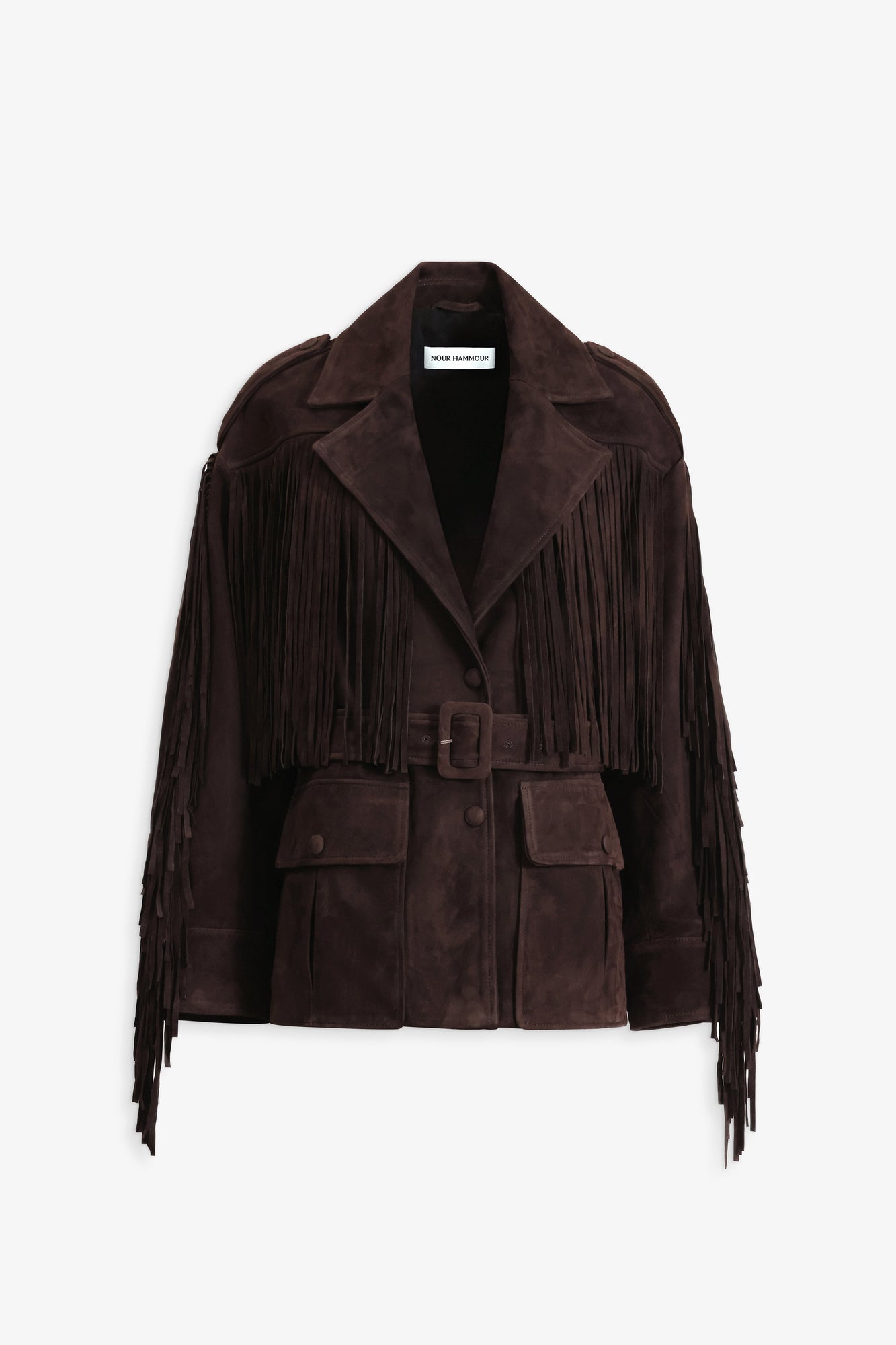 Nour Hammour Cassidy Oversized Suede Fringe Jacket Mocha - Silhouette 
