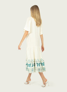 Marcella Dress | Creme x Multi-Blue Embroidery