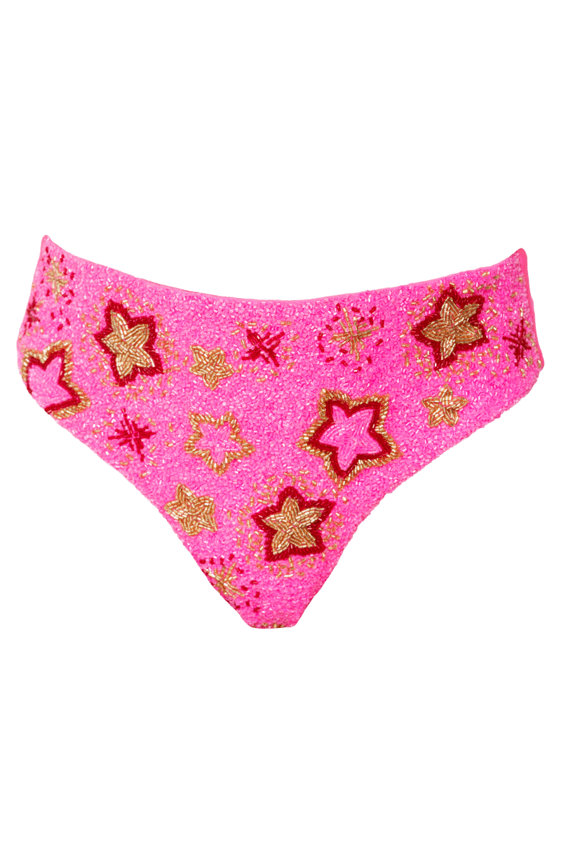 Celeste Hand - Beaded Embellished High - Waisted Bikini Bottom - Hot Pink - Self - Adore