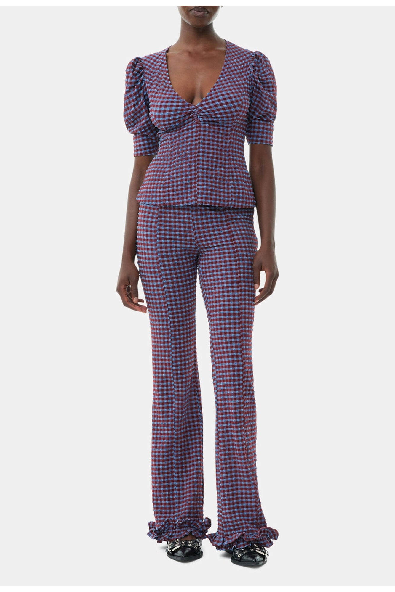Checkered Stretch Seersucker Frill Trousers | Racing Red