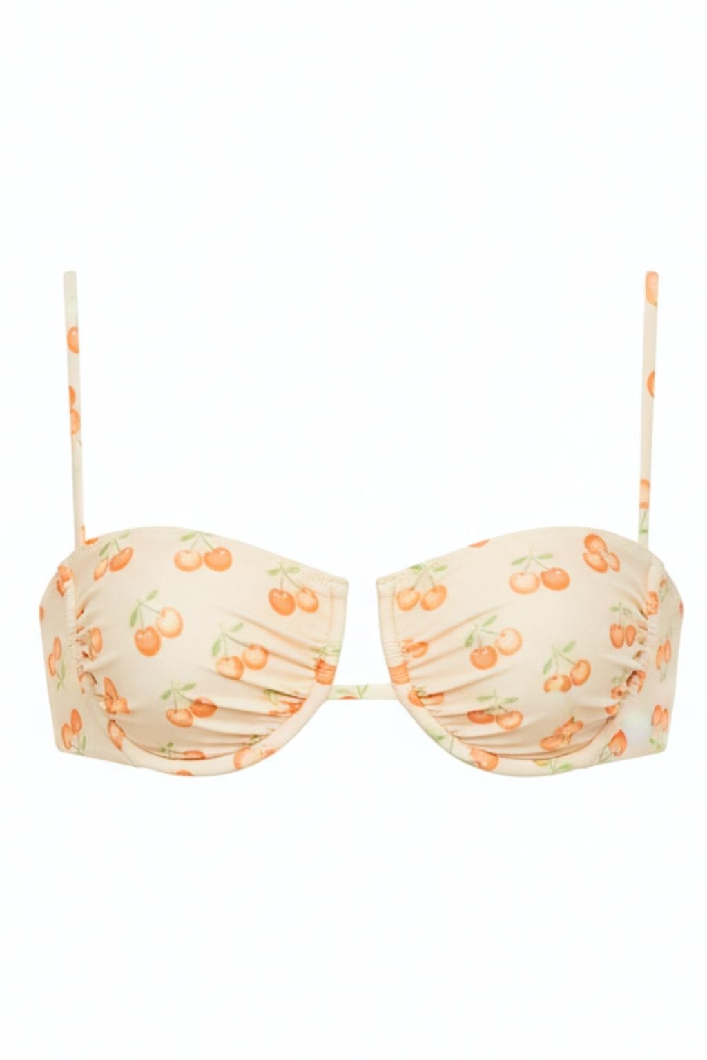 Cream bikini top with orange cherry print and striped shoulder straps, featuring ruched cup detailing.