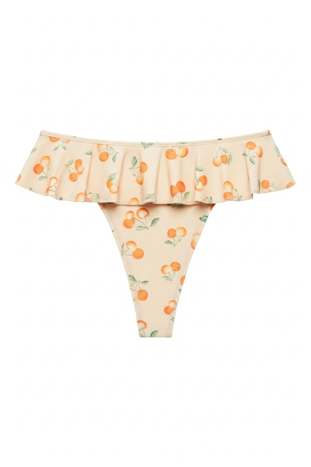 Cream bikini bottom with orange tamarindo fruit and green leaf print, featuring a ruffled off-shoulder waistband.