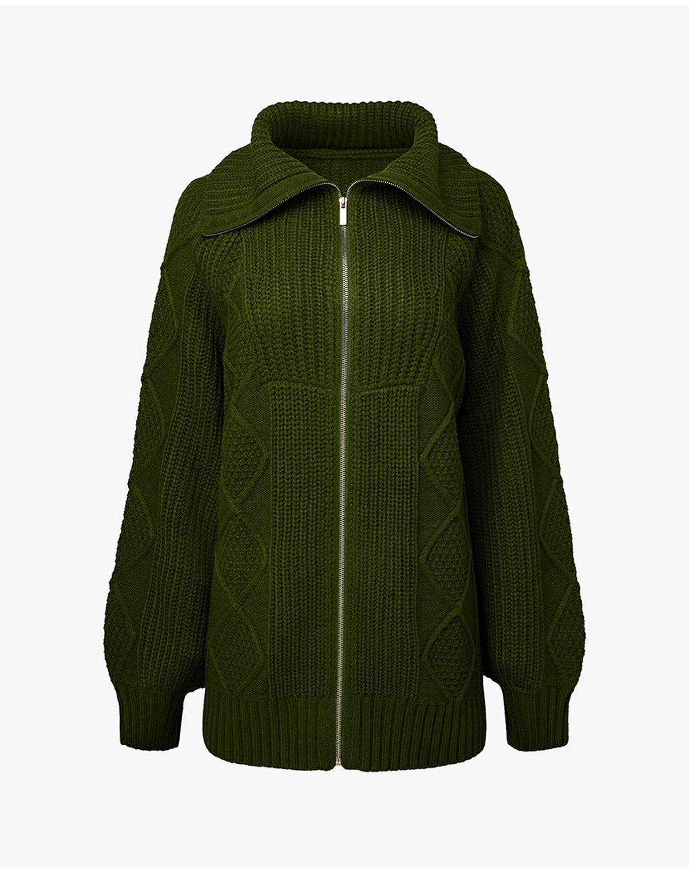 Chunky Cable Knit Zip Up Sweater | Hunter Green