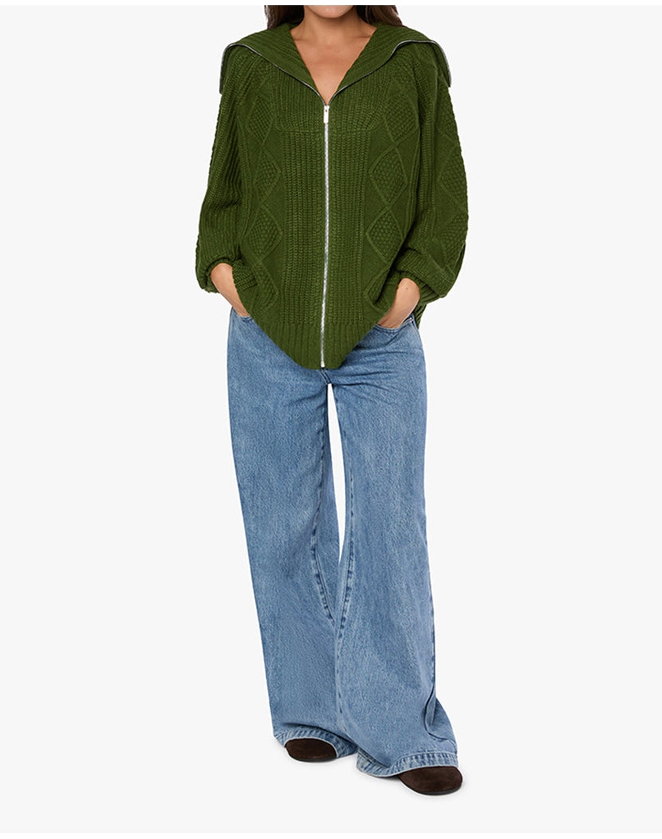 Chunky Cable Knit Zip Up Sweater | Hunter Green