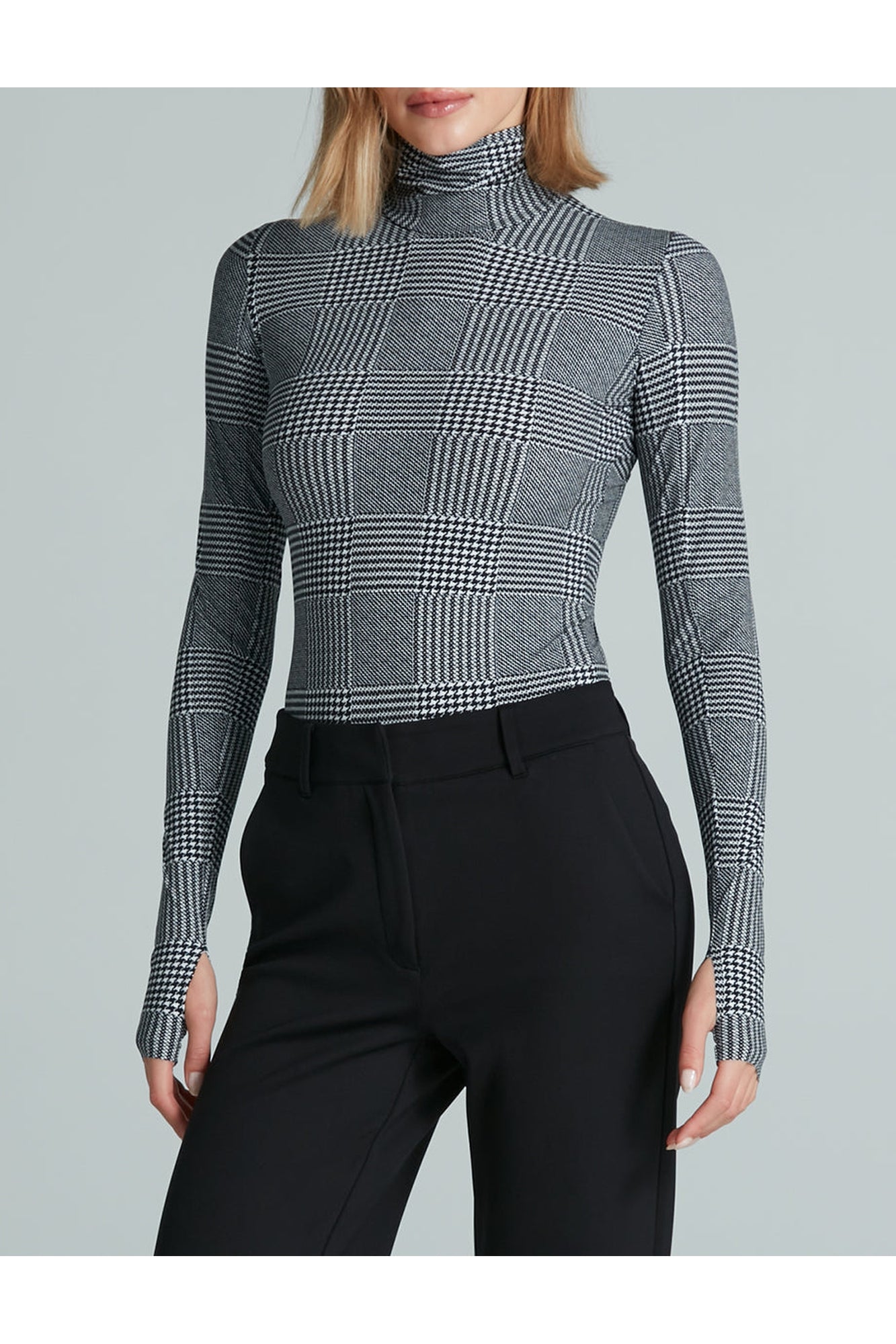 Classic Printed Turtleneck Bodysuit | Houndstooth Plaid