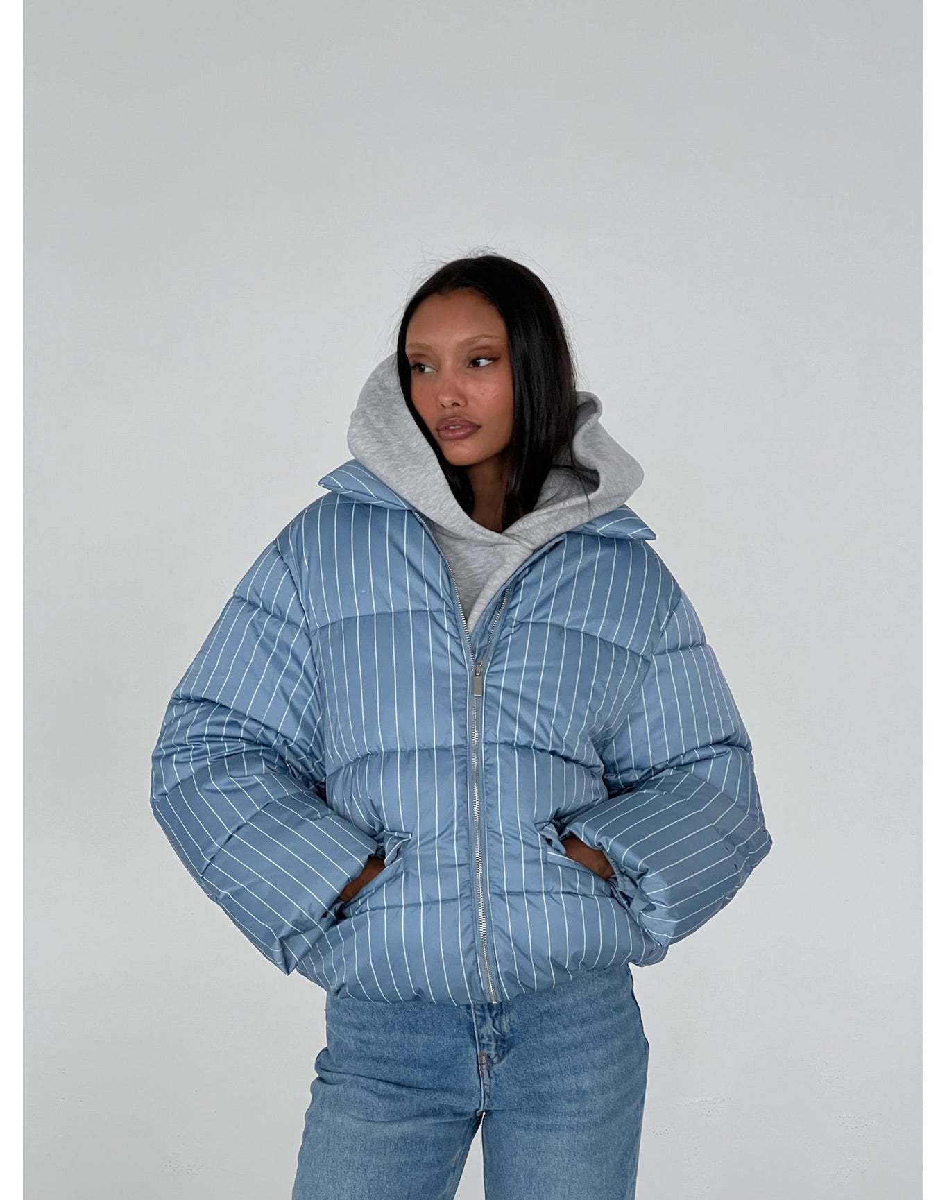 Collar Puffer Jacket | Baby Blue x Ivory