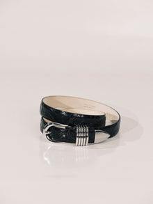 Hollyhock Leather Belt | Floral Embossed Black & Silver