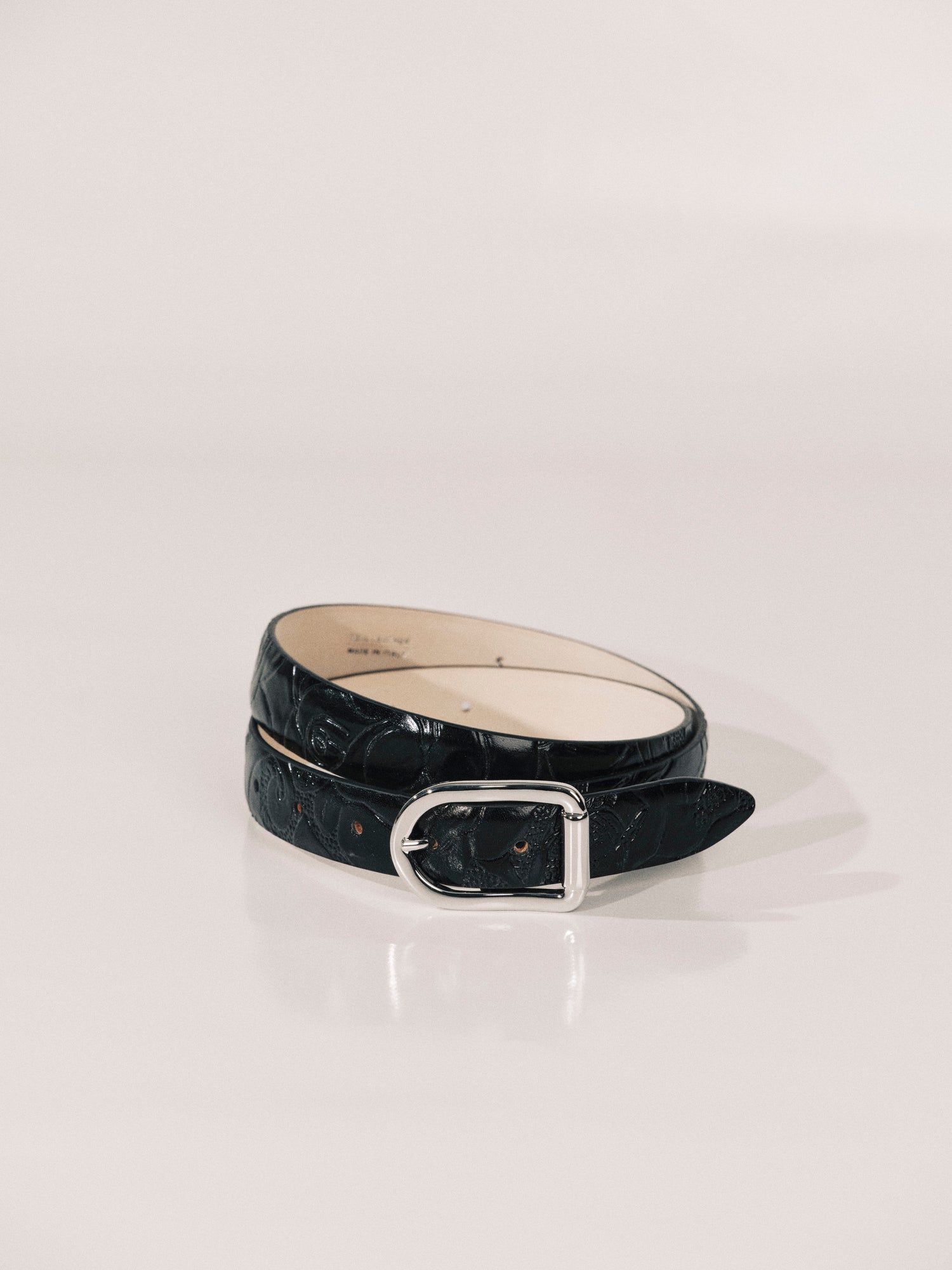 Mija Leather Belt | Floral Embossed Black & Silver