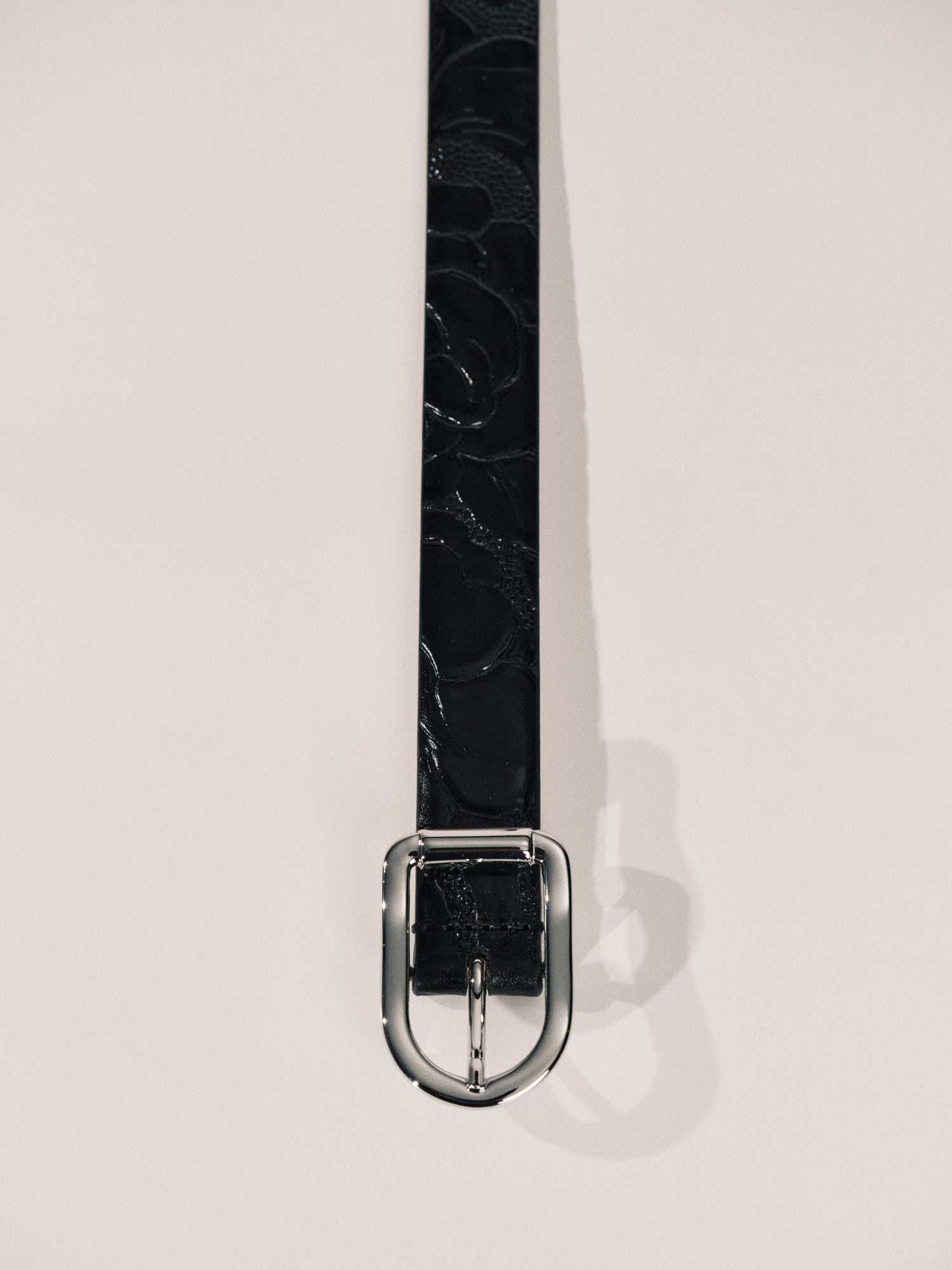 Mija Leather Belt | Floral Embossed Black & Silver