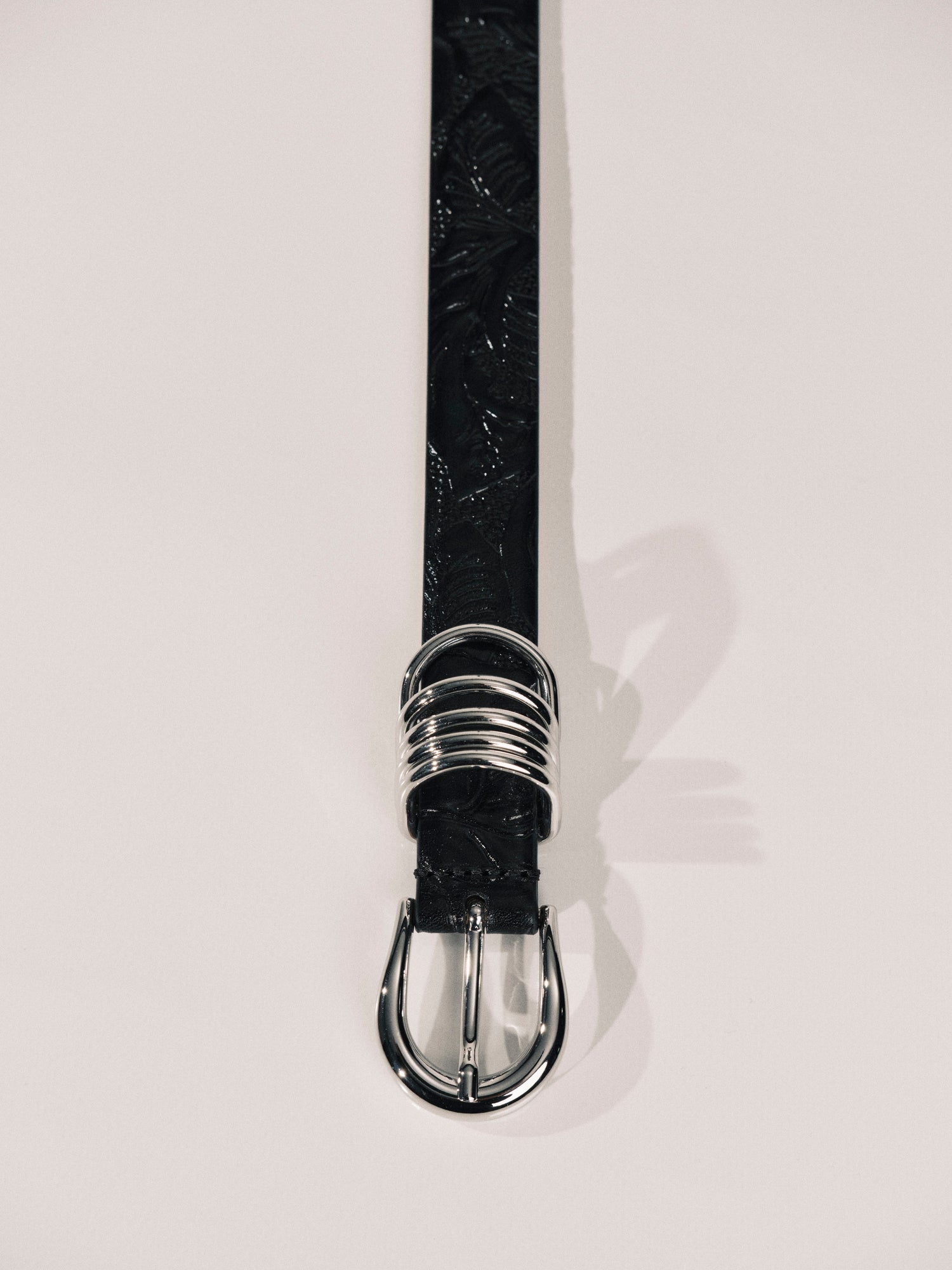 Hollyhock Leather Belt | Floral Embossed Black & Silver
