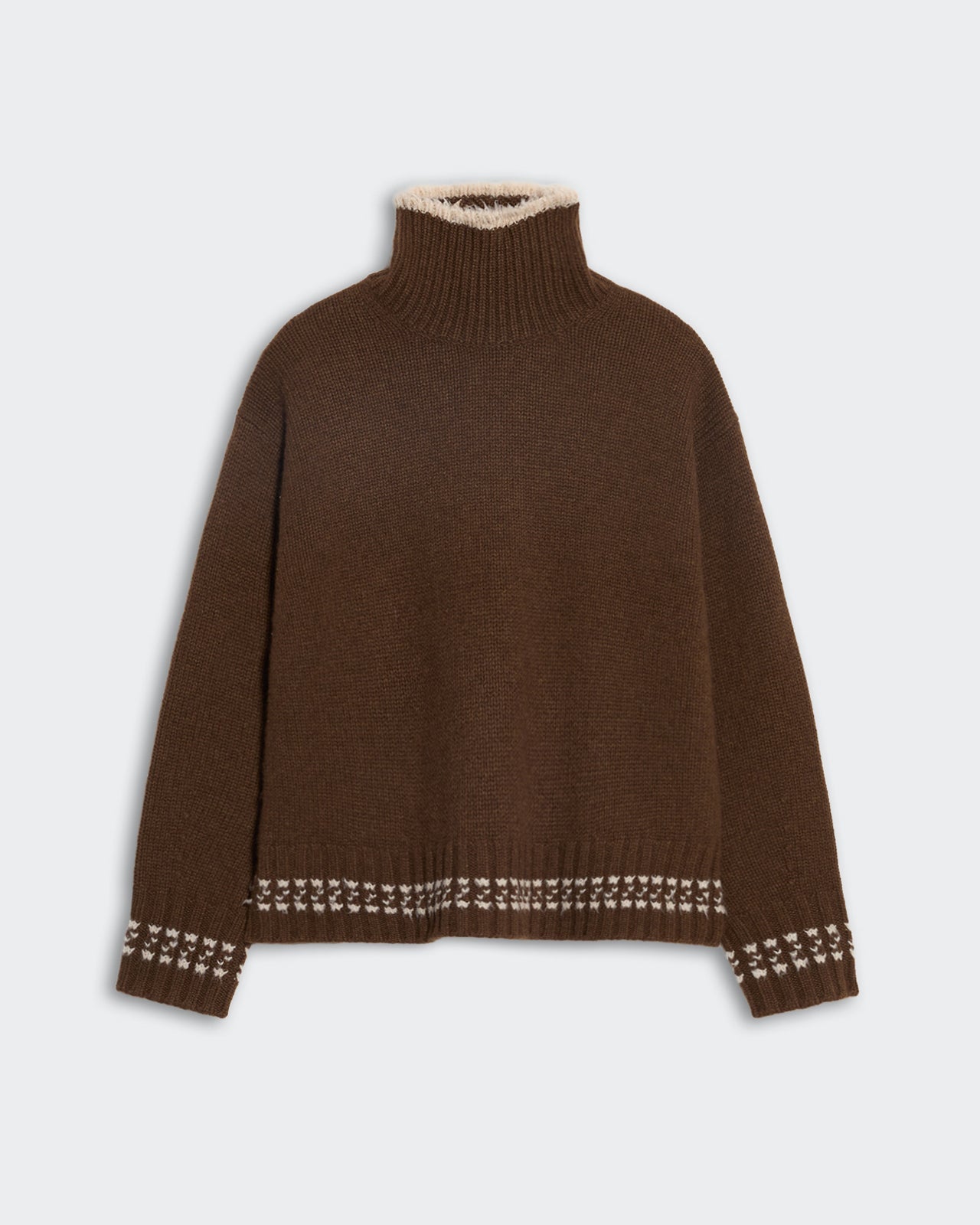 Chestnut heavy-weight cozy turtleneck sweater with sandstone contrast trim and fuzzy merino wool stitch details