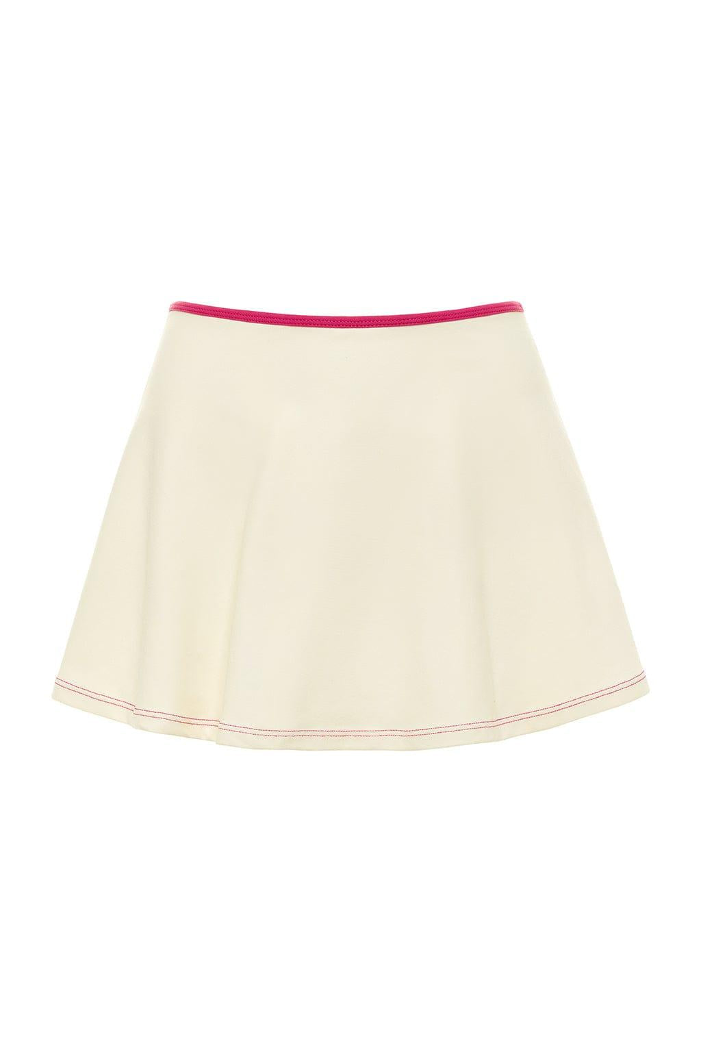 Cream ballet skirt with raspberry pink waistband and matching topstitching at hem.