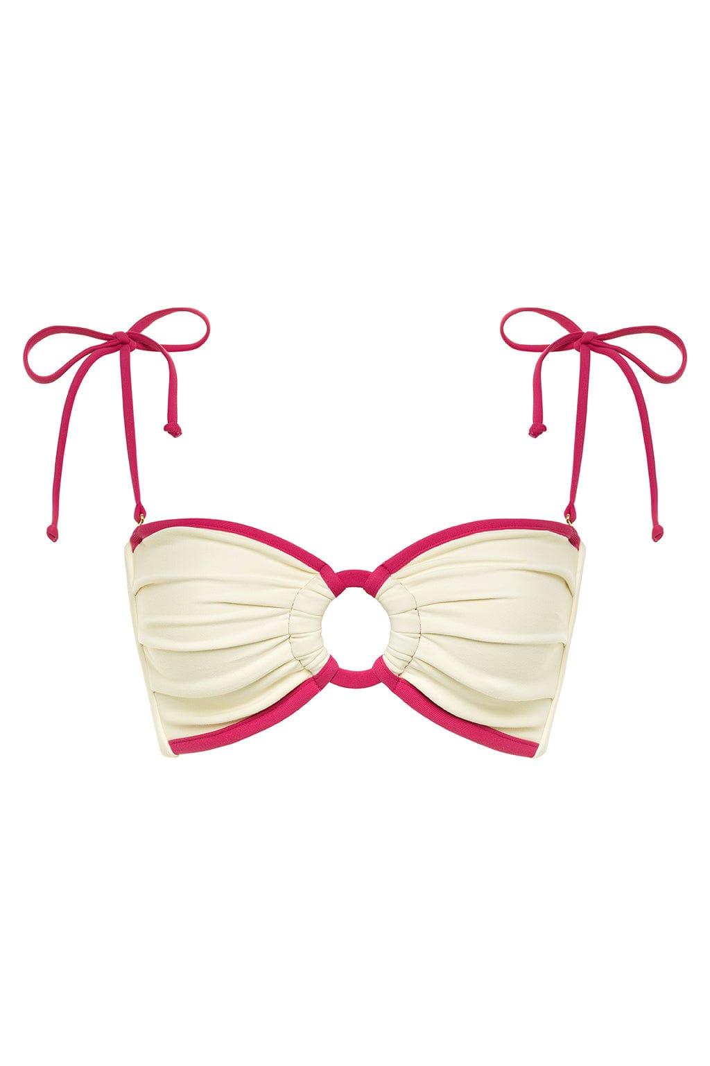 Cream and raspberry bandeau bikini top with ruched fabric, center cutout, and raspberry tie shoulder straps.