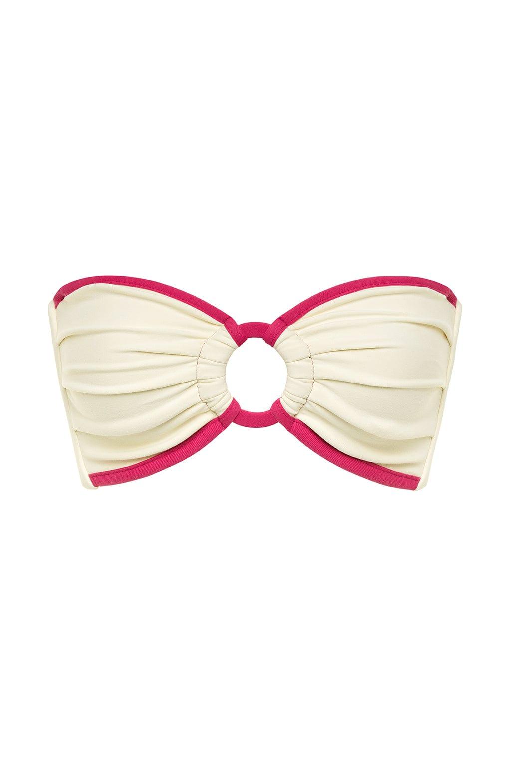 Cream bandeau bikini top with raspberry pink binding and gathered center detail with circular cutout.