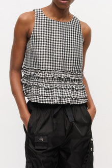 Crinkled Check Frill Top | Black