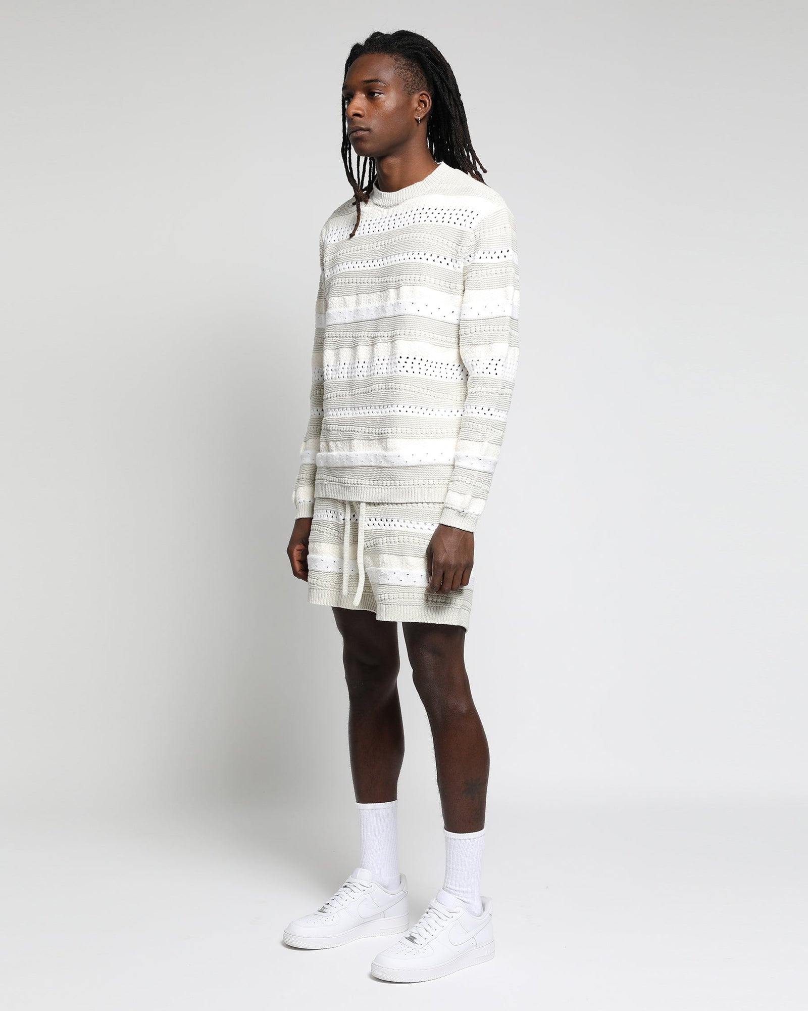 Mens | Crochet Wave Stripe Long Sleeve Crewneck | Heather Grey