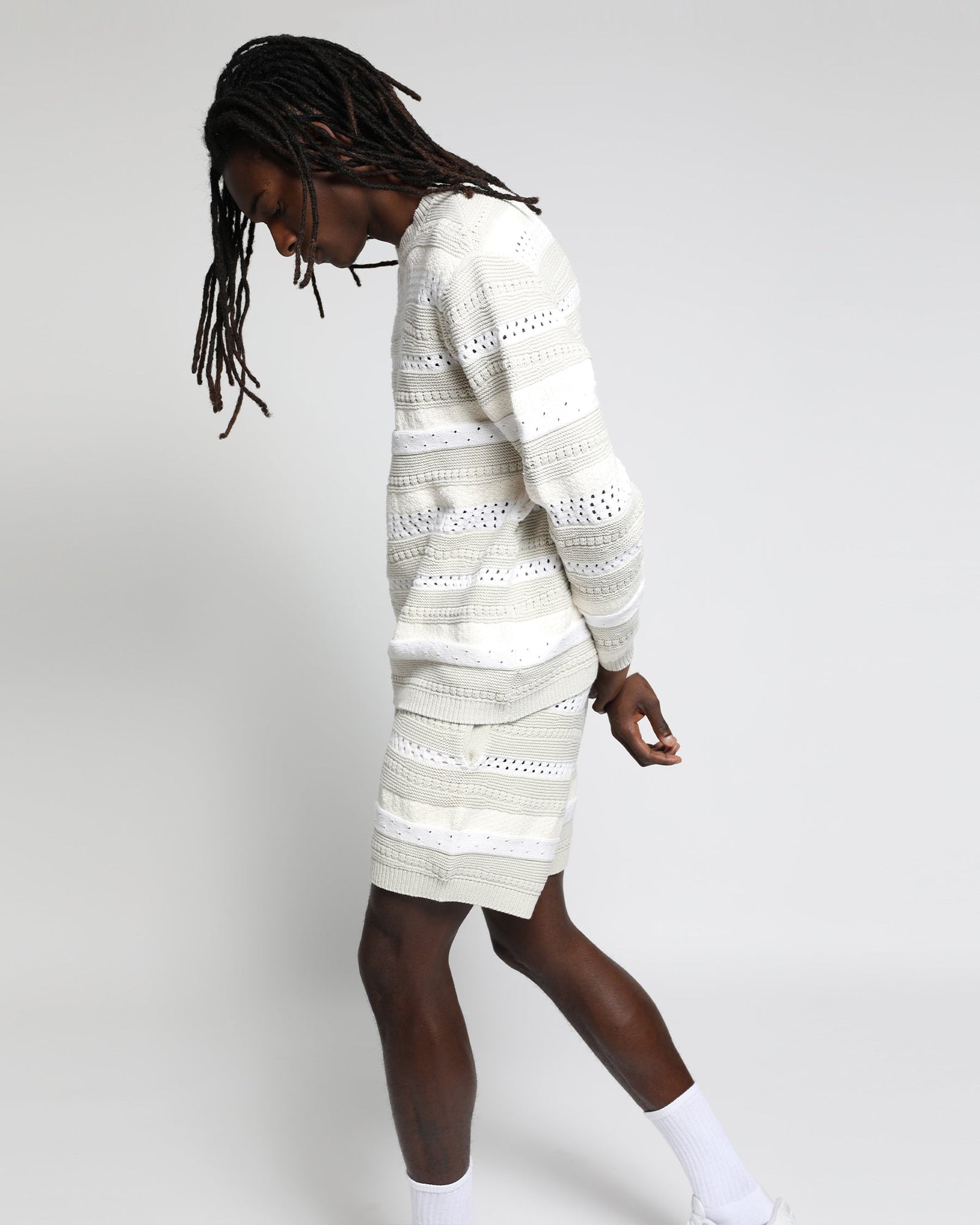 Mens | Crochet Wave Stripe Long Sleeve Crewneck | Heather Grey