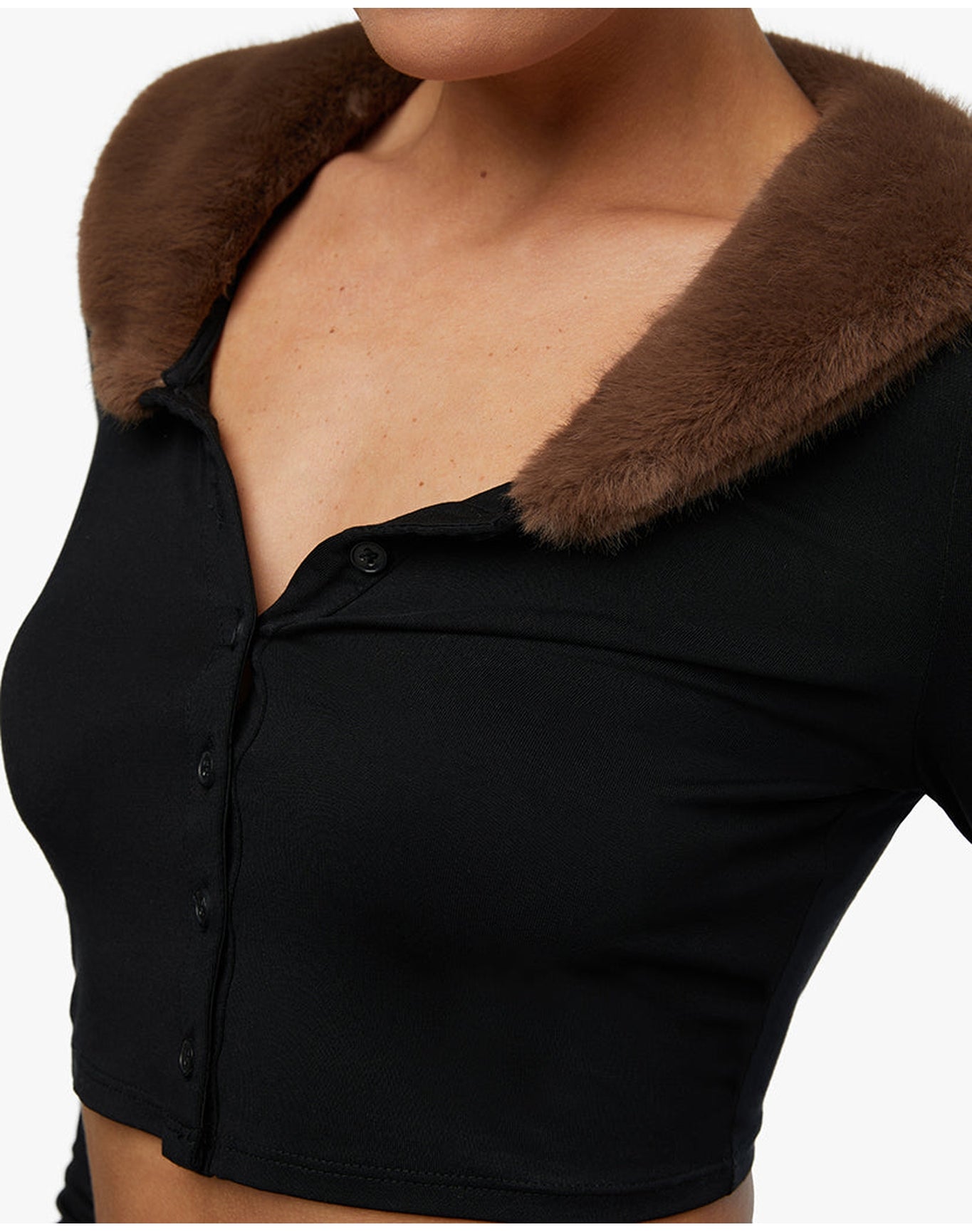 Cropped Faux Fur Collar Cardigan | Black