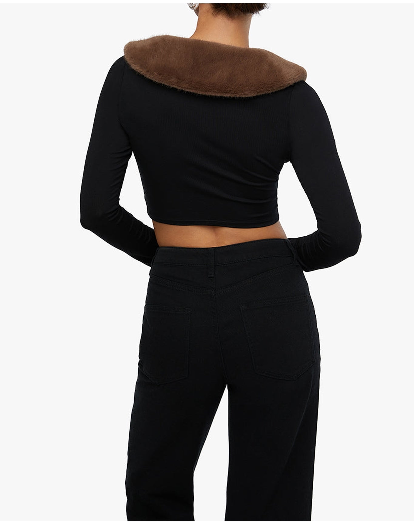 Cropped Faux Fur Collar Cardigan | Black