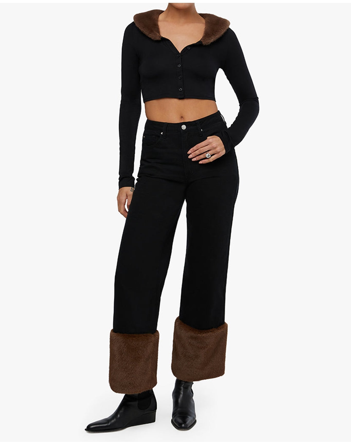 Cropped Faux Fur Collar Cardigan | Black