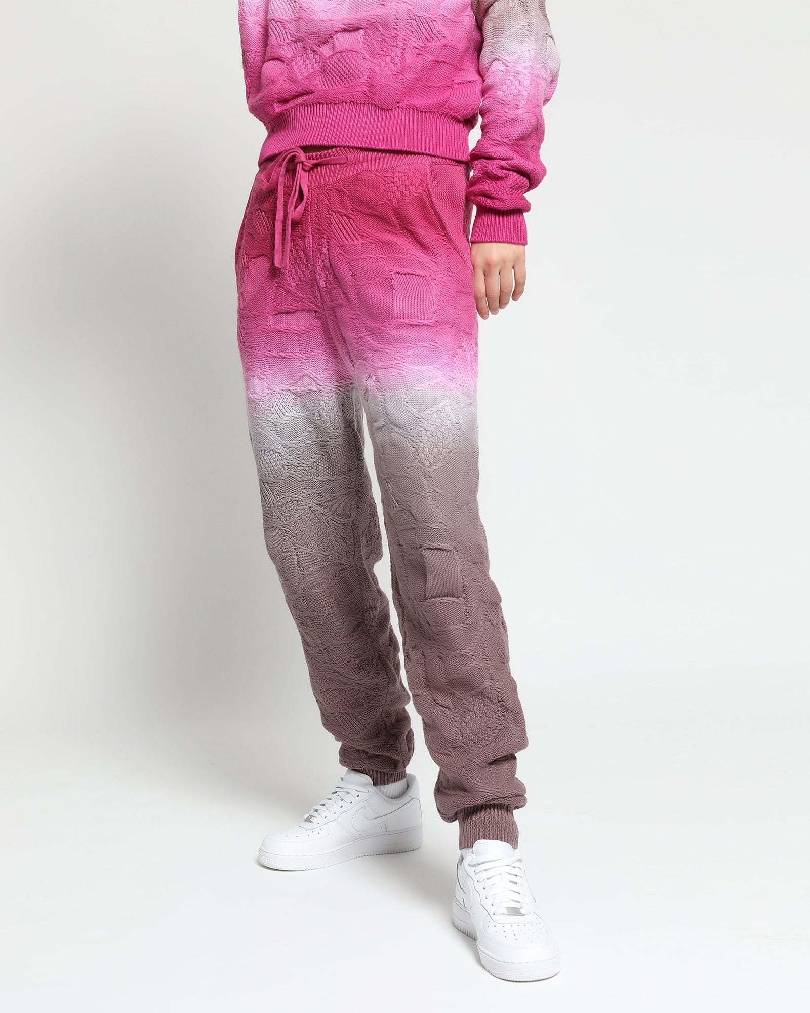 Womens | Crossover Netting Sweater Dip Dye Joggers | Orchid Gradient