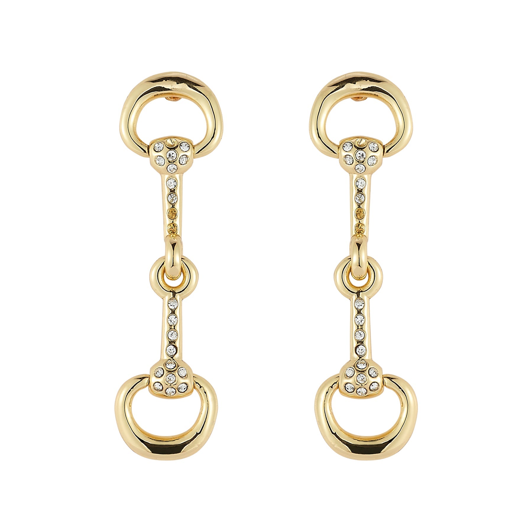 Gold and Crystal Horse Bit Drop Earrings on Flat White Background