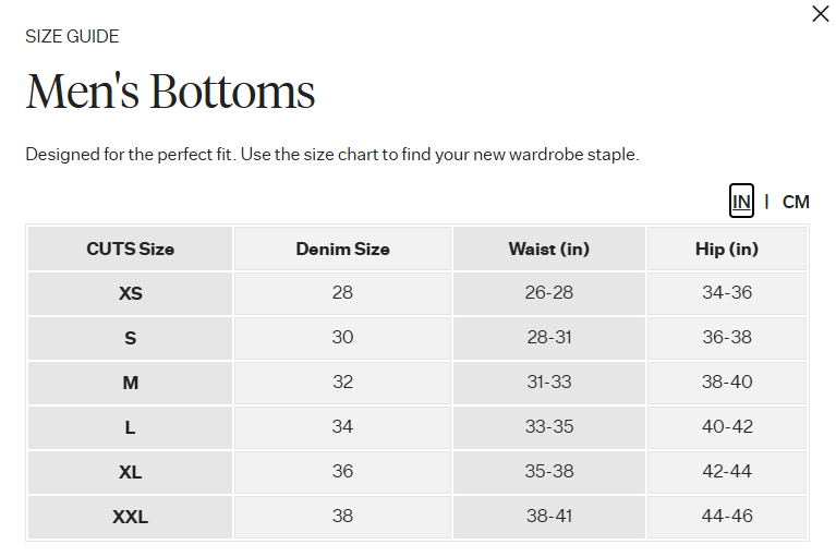 Product size guide