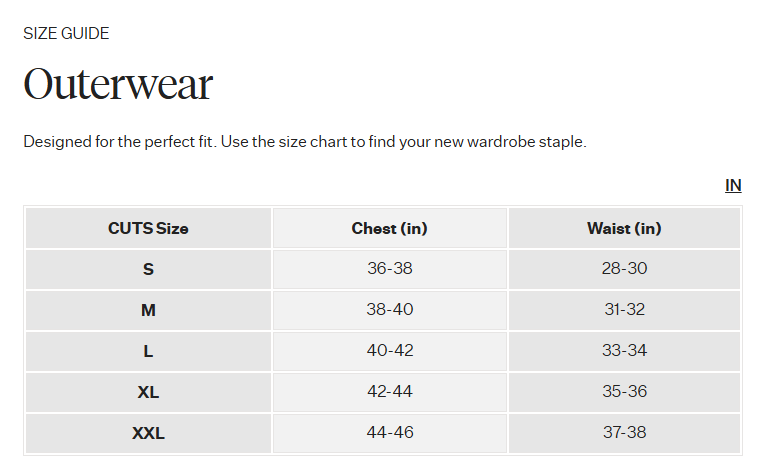 Product size guide