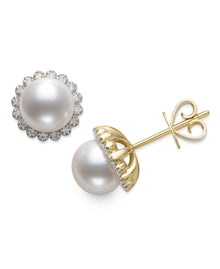 Round Stud Earrings | 14K Yellow Gold | 0.25 Carat Lab Grown Diamond/White Akoya Pearl | 8mm - 9mm | H-I-I2-I3