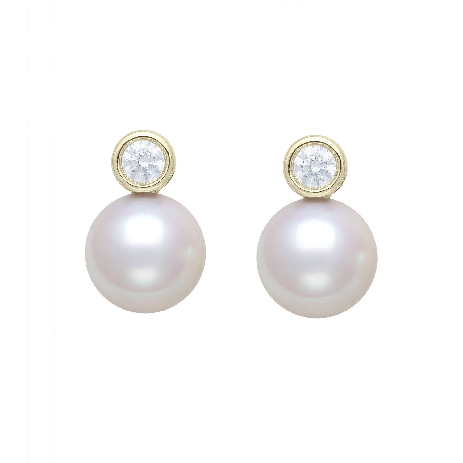 Round Stud Earrings | 14K Yellow Gold | 0.18 Carat Diamond/White Freshwater Pearl | 8mm - 9mm | H-I-I2-I3