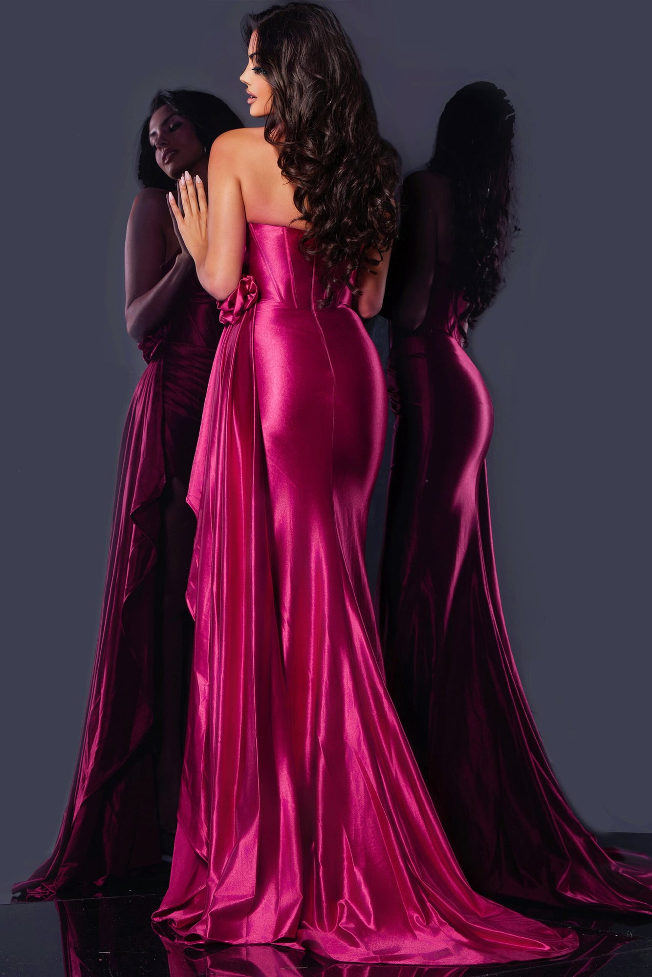 Strapless Satin Gown with Bow Detail | Hot Pink