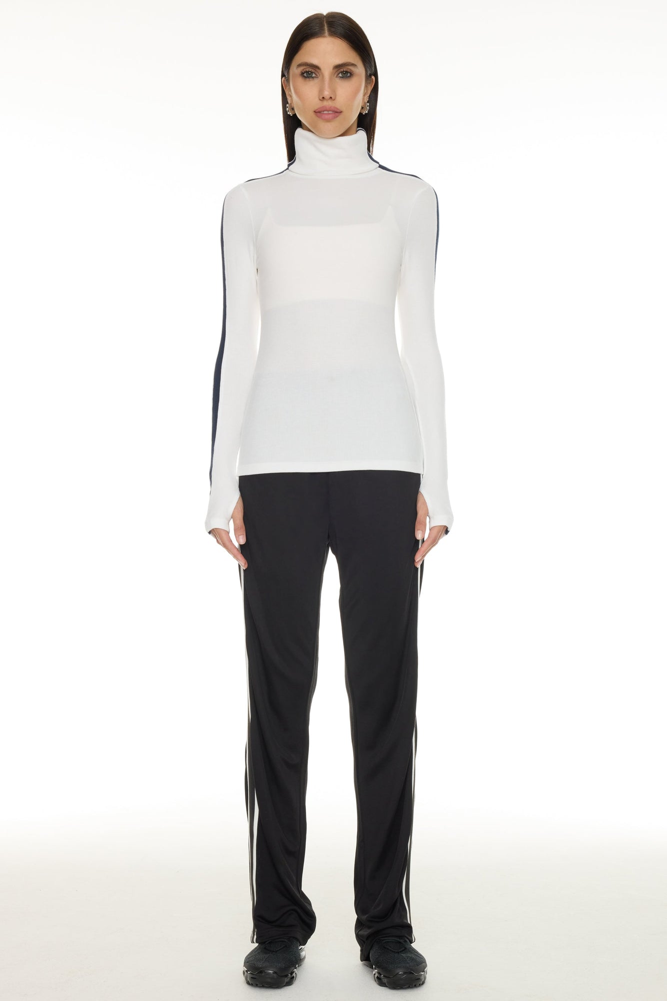 Splits59 | Jackson Rib Full Length Turtleneck Top | White/Indigo