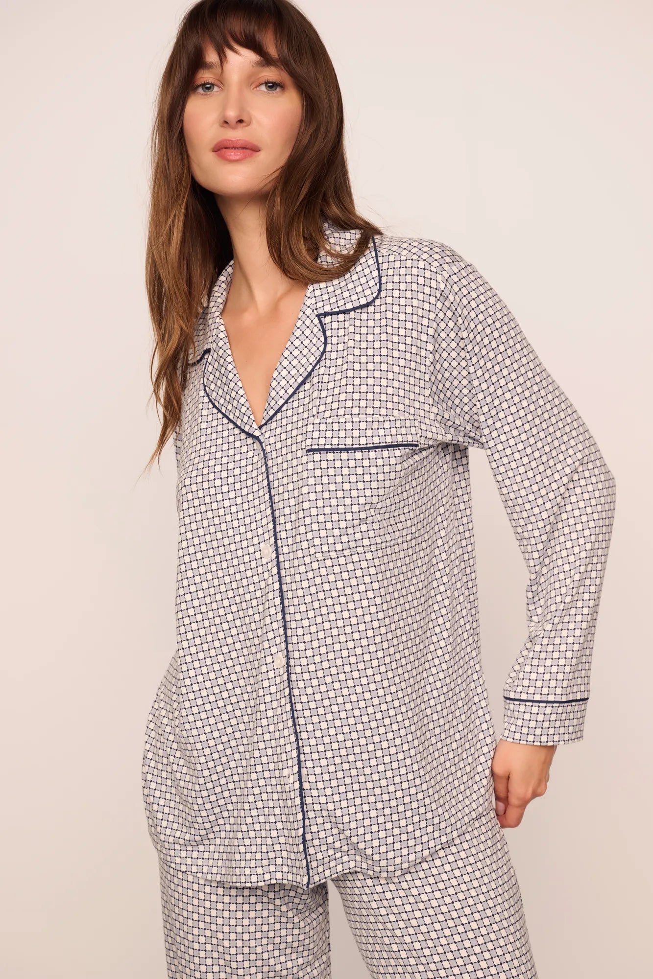 Model is wearing Gisele Printed TENCEL Modal Long PJ Set in Geo Sphere Gray Dawn