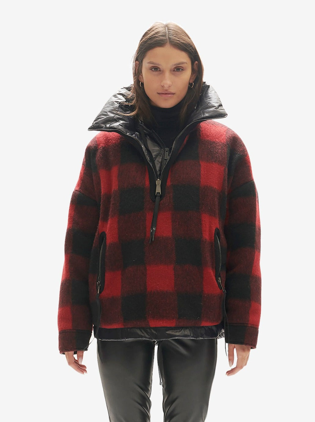Woman REVERSIBLE WOOL HALF ZIP - Black Plaid - front