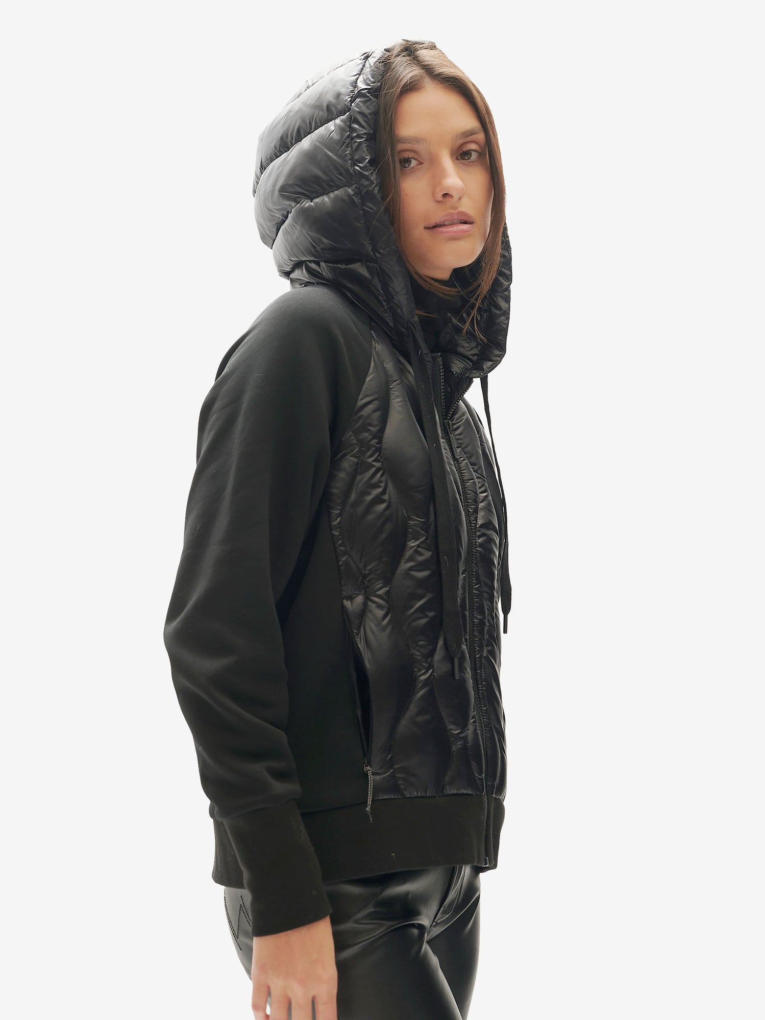 Woman DOWN ZIP HOODIE - Black - hood up