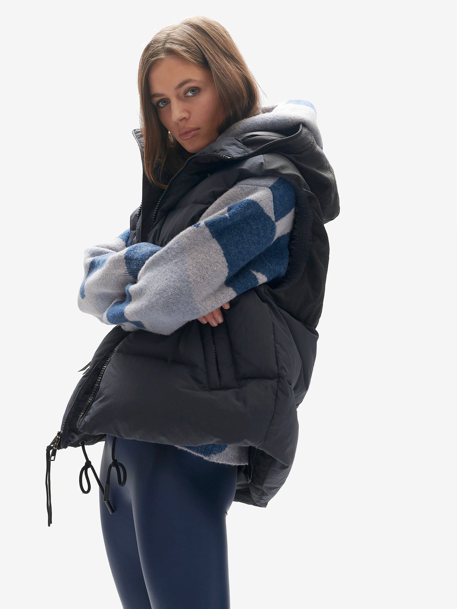 Woman HOODED DOWN VEST - Navy - side