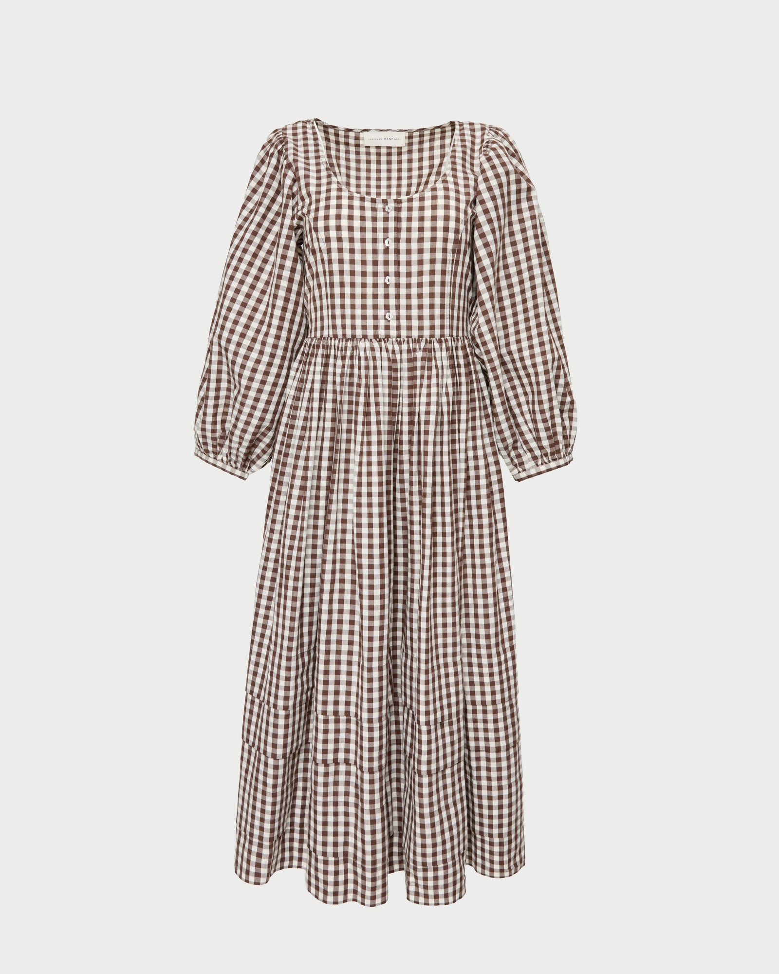 Diane Dress in brown and cream gingham cotton.