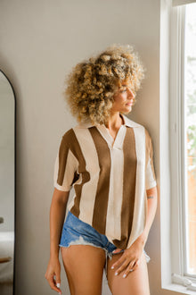 Brown Stripe Knit Polo | Brown