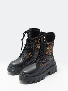Knit Lace Up Platform Boots | Black
