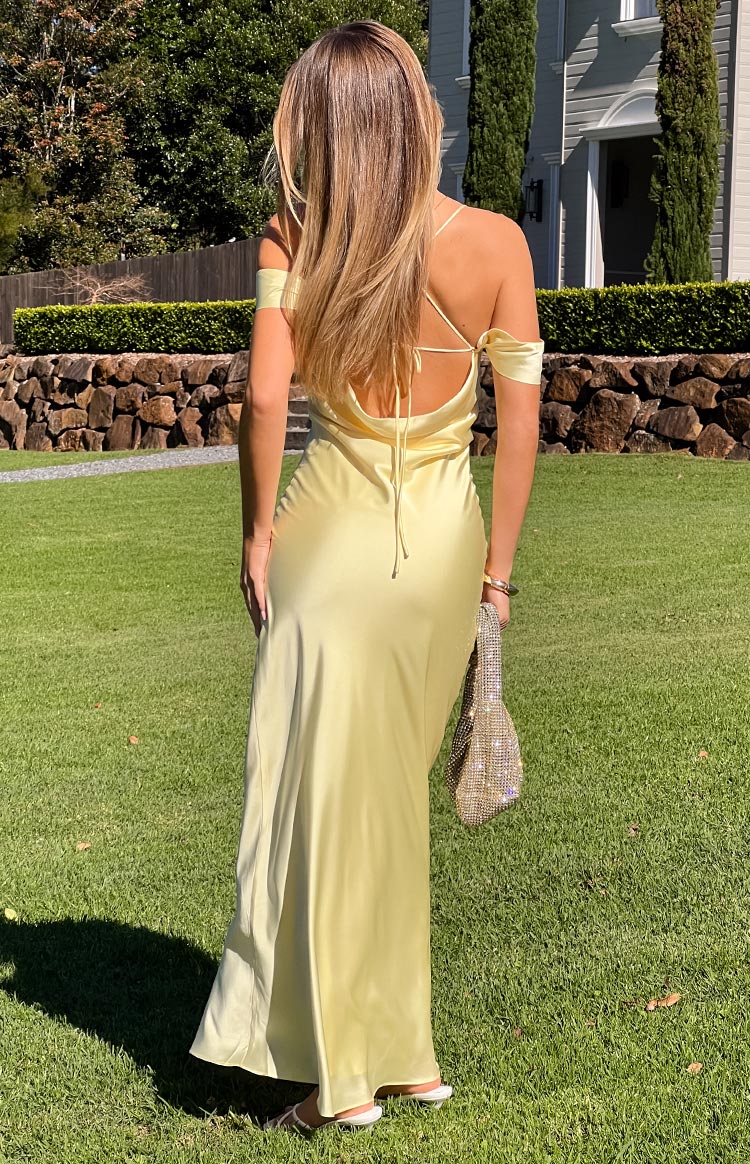 off the shoulder yellow dress Danni Tie Off Shoulder Formal Maxi Dress