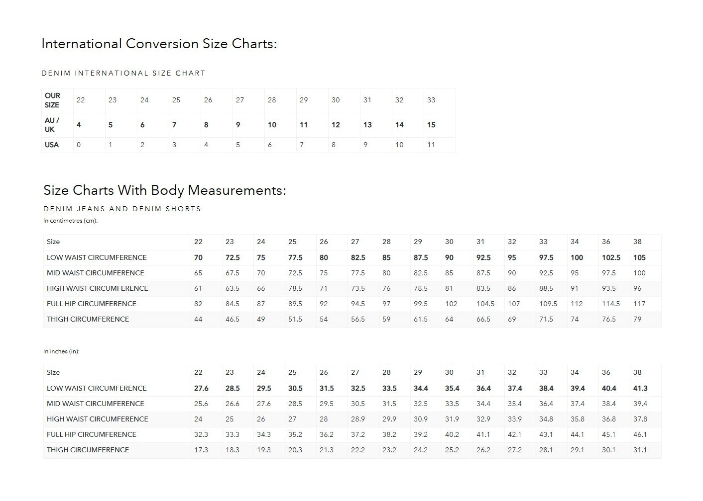 Product size guide