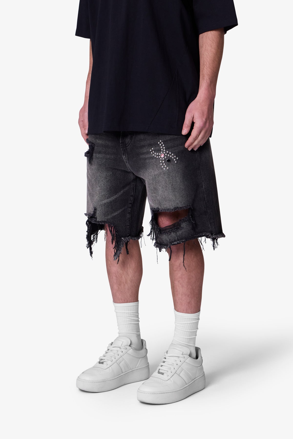 Distressed Spider Denim Shorts | Washed Black