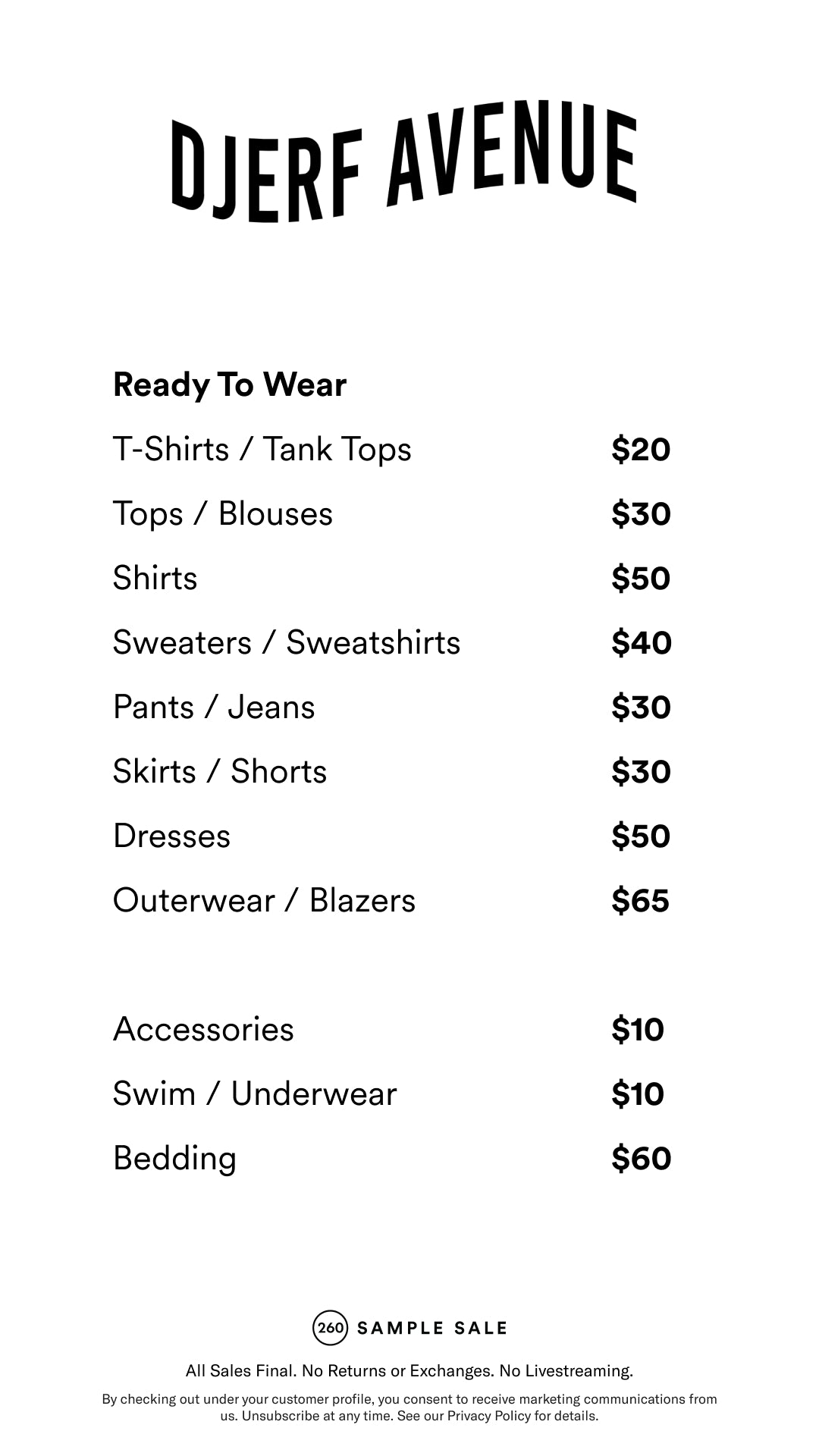 Price table