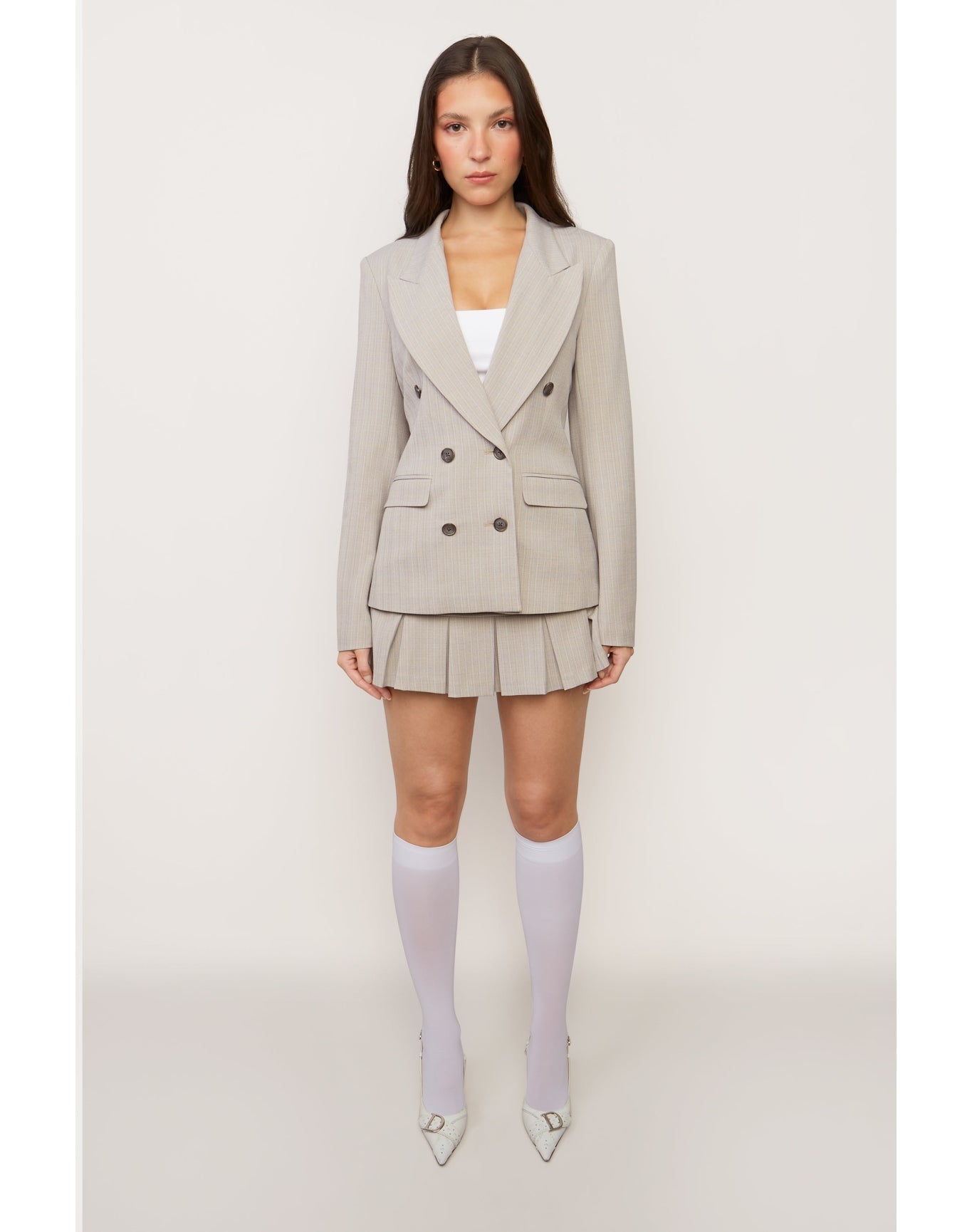 Double Breasted Blazer | Lt Grey Plaid