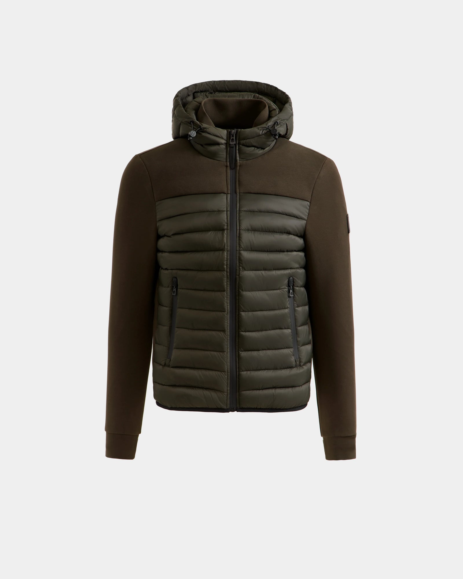 The Rudsak DURIN M - M125530 Dark Olive is a men’s fitted hooded jacket featuring quilted lightweight down insulation, smooth fabric sleeves, and waterproof side pocket zippers; shown on a plain background.
