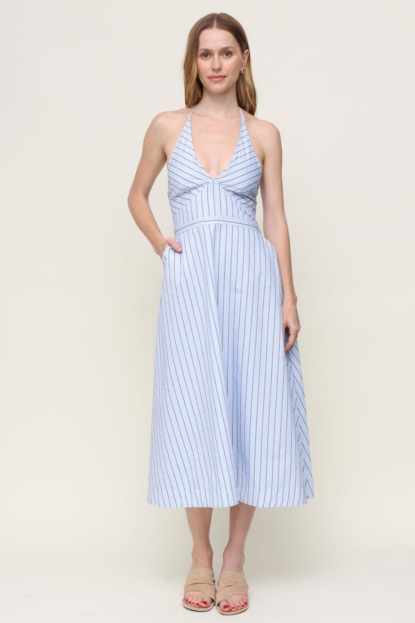 Central Park West | Mia Striped Halter Midi Dress | Blue