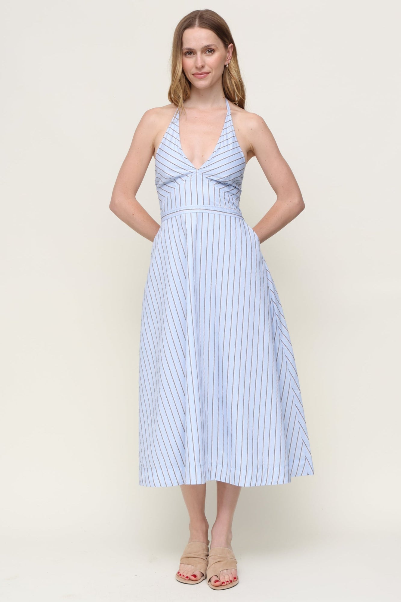 Central Park West | Mia Striped Halter Midi Dress | Blue